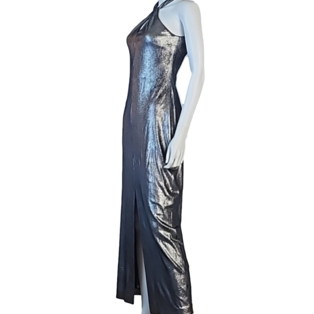 Vintage Alex Evenings Metallic Pewter Halter Back Zip Front Slit Formal … - Picture 10 of 16